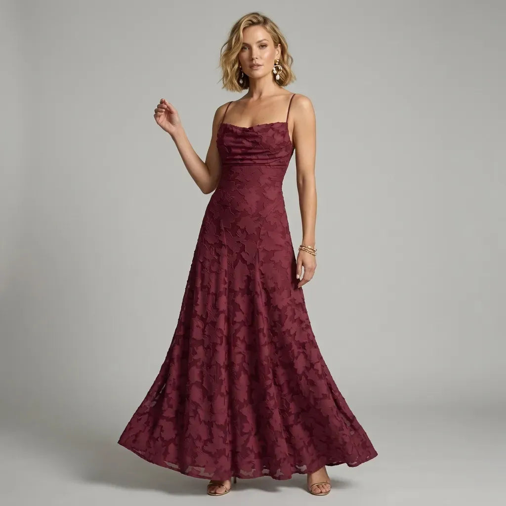 Strappy Embroidered Cowl Neck Midi Dress Bordeaux 5