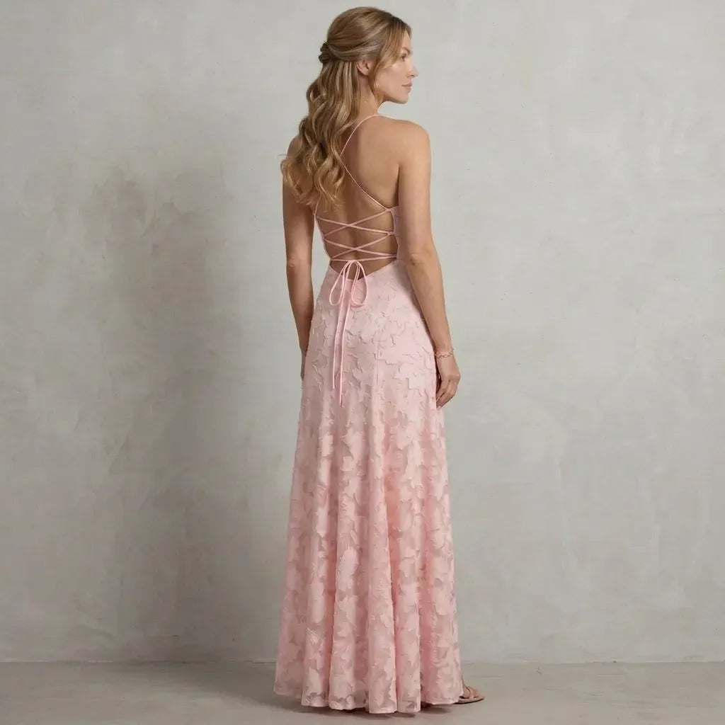 Strappy Embroidered Cowl Neck Midi Dress Pink 6