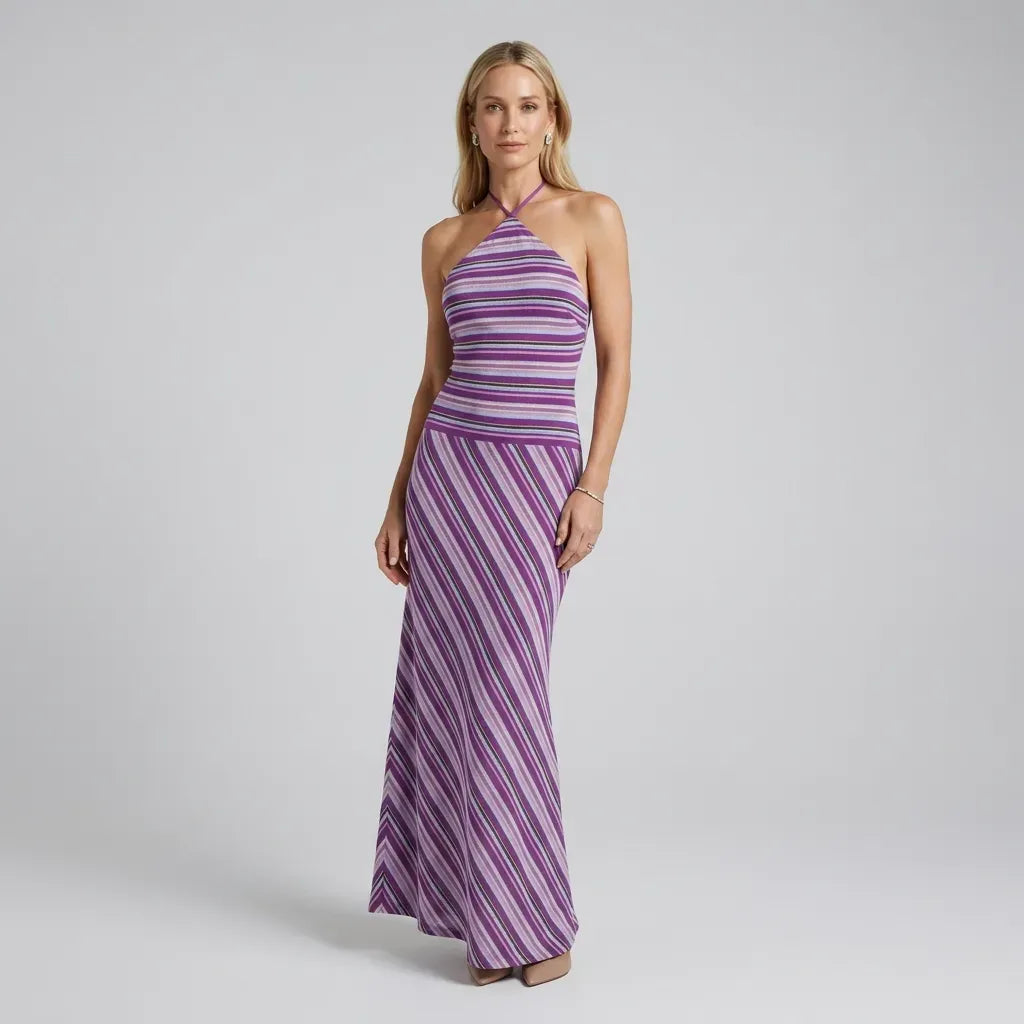 Striped Halter Maxi Dress Backless Lilac 2