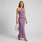 Striped Halter Maxi Dress Backless Lilac 3