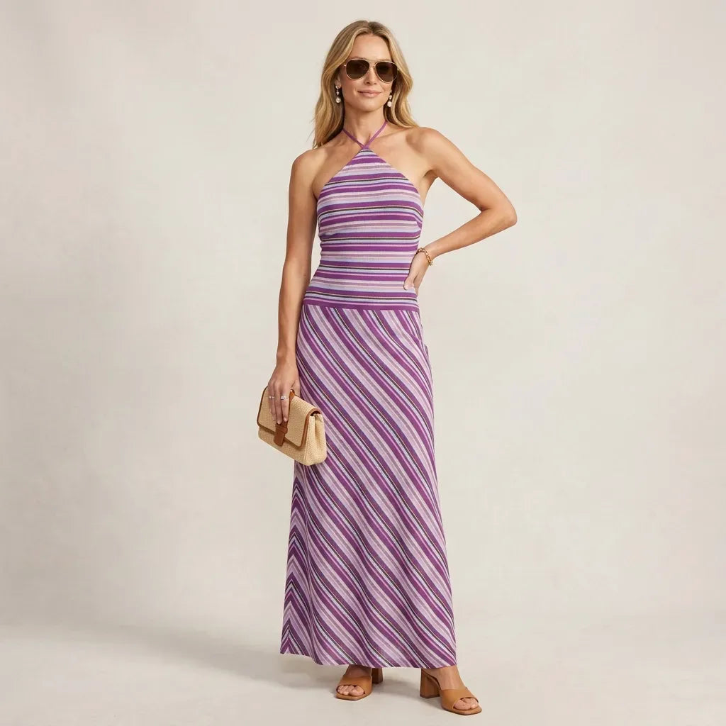 Striped Halter Maxi Dress Backless Lilac 4