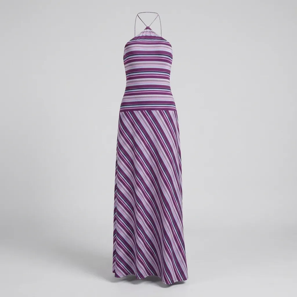 Striped Halter Maxi Dress Backless Lilac 5