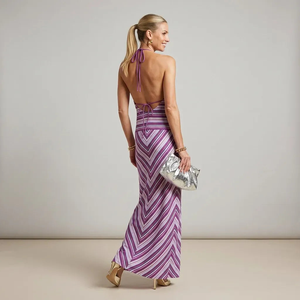 Striped Halter Maxi Dress Backless Lilac 6