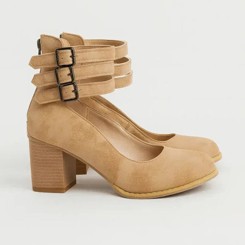Suede Block Heels with Round Toe Beige 1