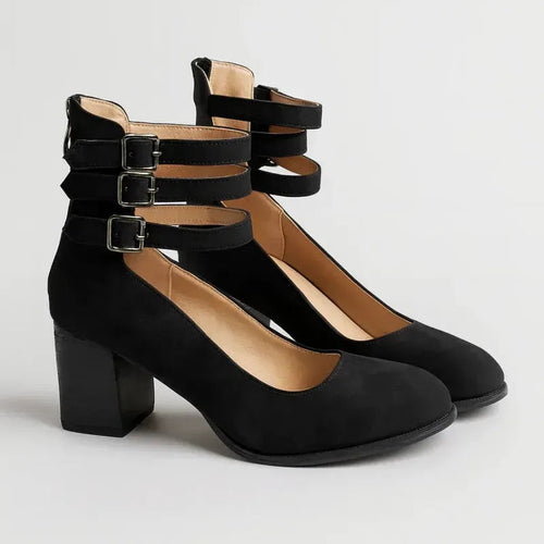 Suede Block Heels with Round Toe Black 2