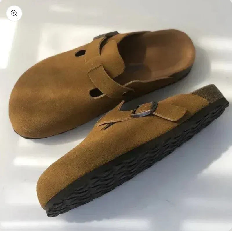 Suede Clogs with Adjustable Strap Brown 7