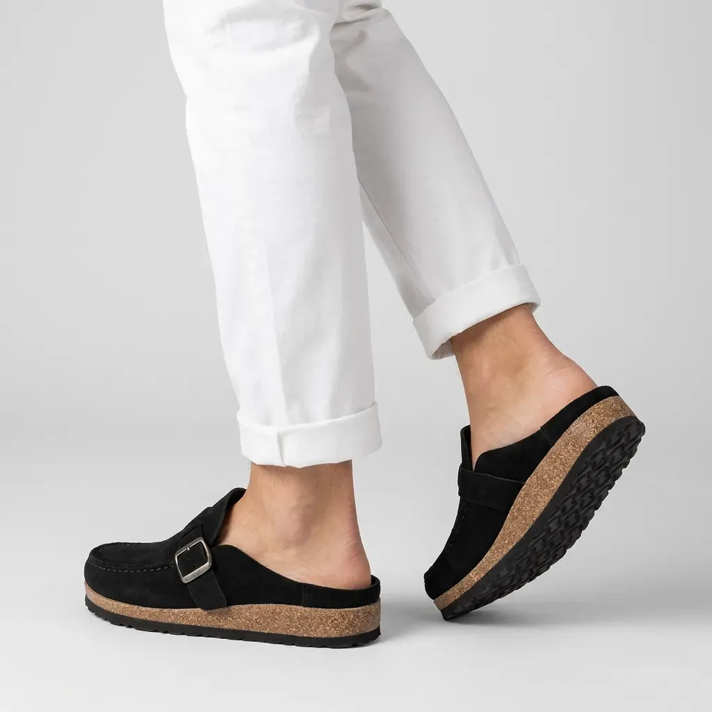 Suede Clogs with Buckle Detail Black 1
