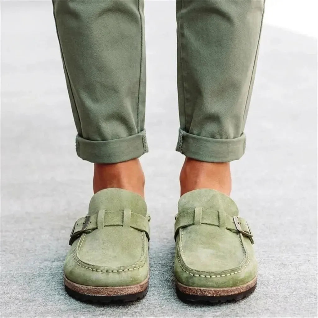 Suede Clogs with Buckle Detail Green 2