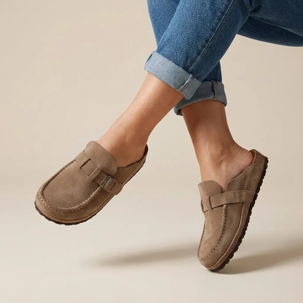 Suede Clogs with Buckle Detail Beige 4