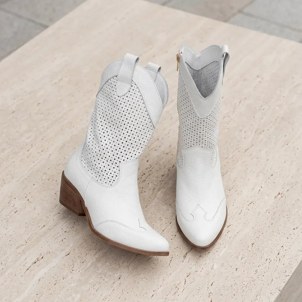 Suede Cowboy Boots with Pointed Toe White 2