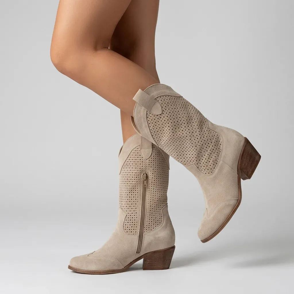 Suede Cowboy Boots with Pointed Toe Beige 4