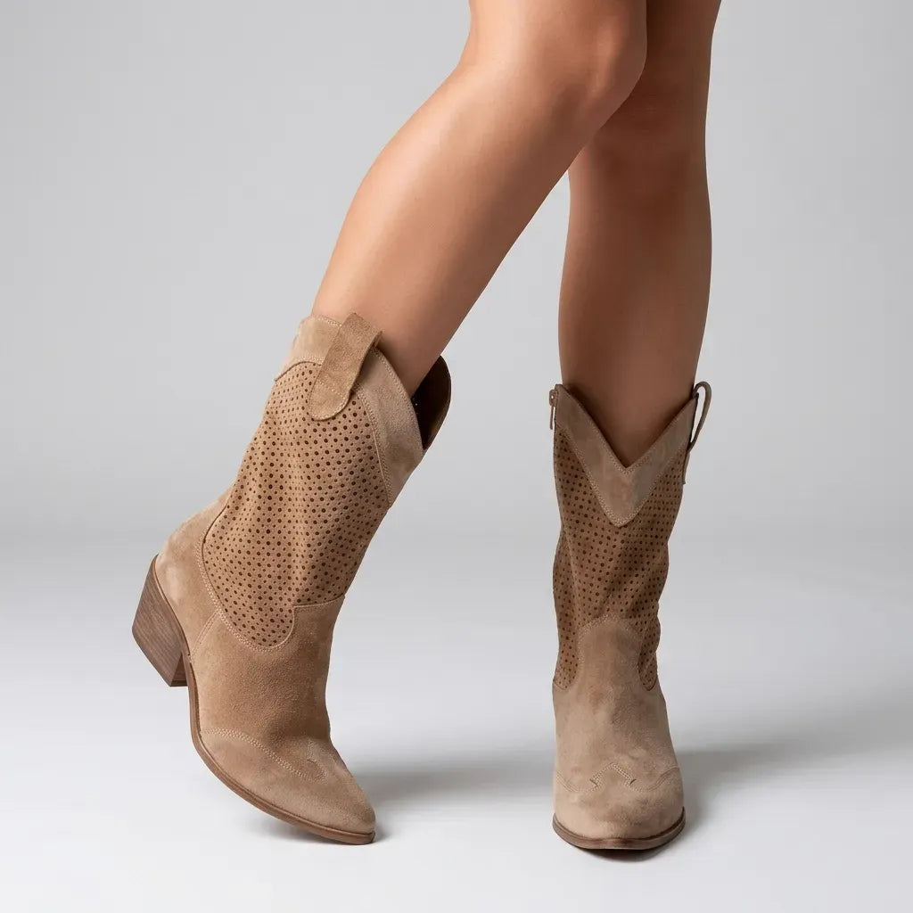 Suede Cowboy Boots with Pointed Toe Light Brown 5