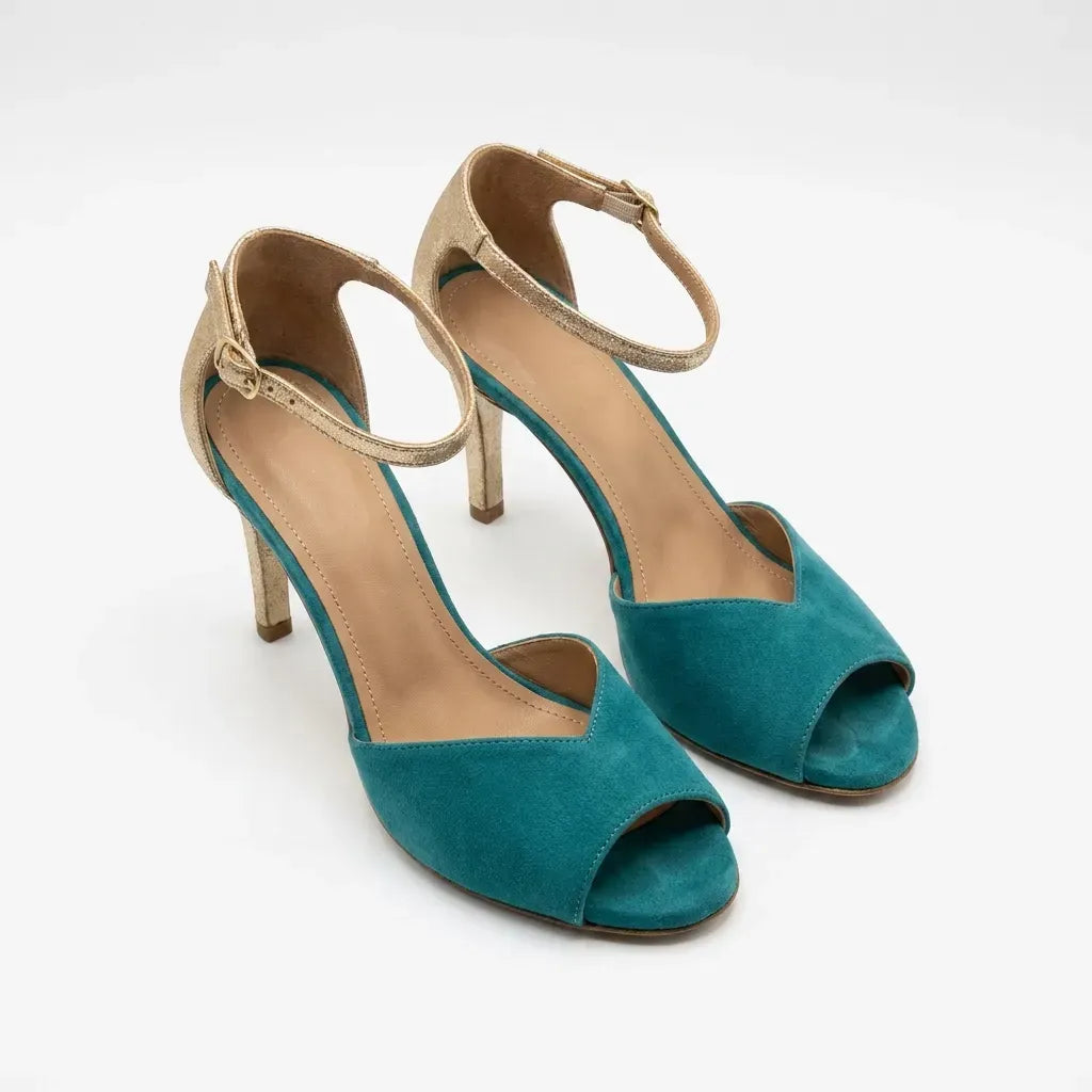 Suede Peep Toe Stilettos with Strap Green 1