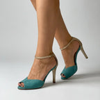 Suede Peep Toe Stilettos with Strap Green 2