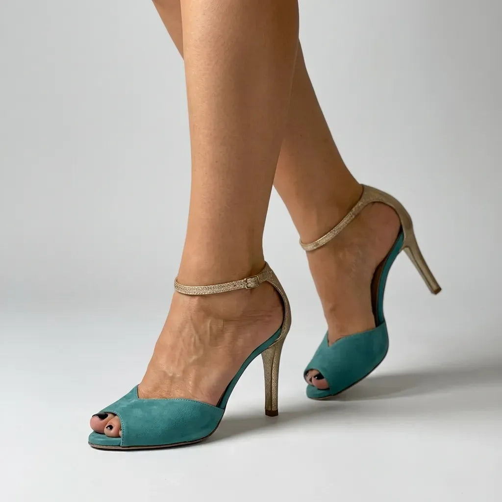 Suede Peep Toe Stilettos with Strap Green 2