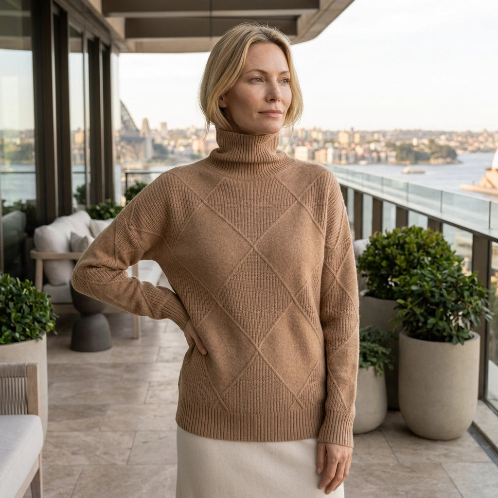 Diamond Knit High Neck Jumper in Oversized Fit Brown 1