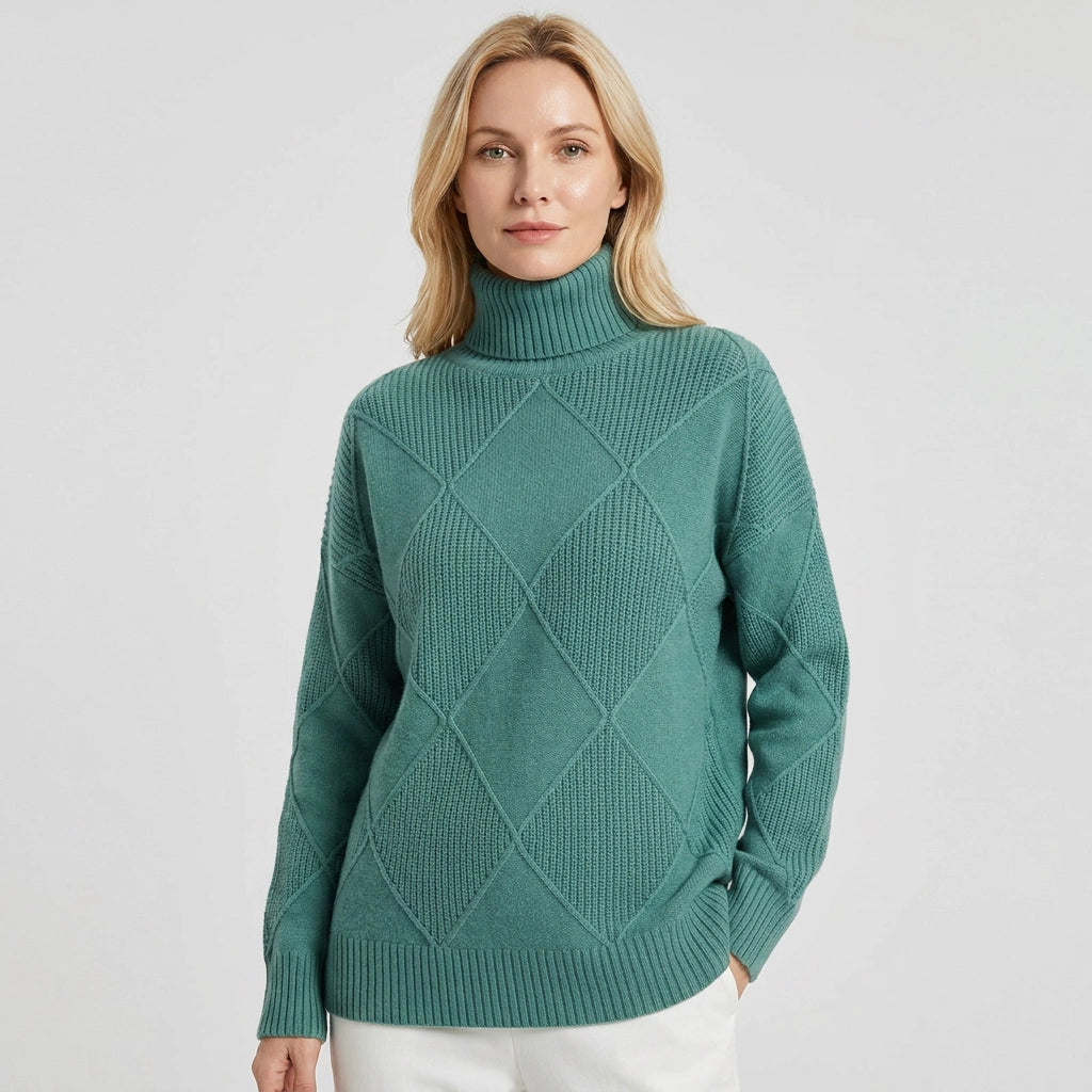 Diamond Knit High Neck Jumper in Oversized Fit Green 4
