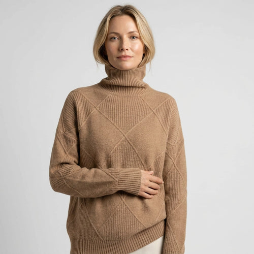 Diamond Knit High Neck Jumper in Oversized Fit Brown 5