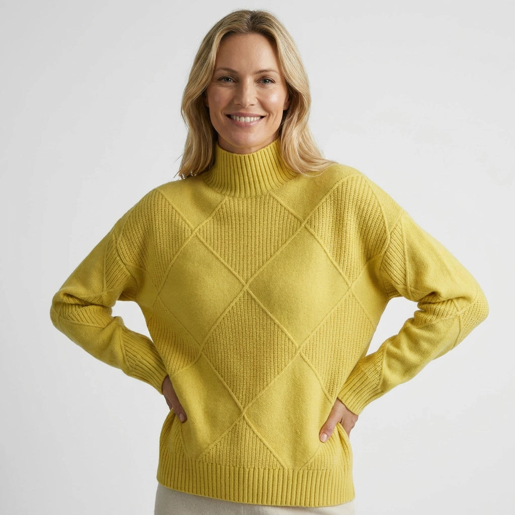 Diamond Knit High Neck Jumper in Oversized Fit Yellow 7