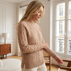 Sweater with Cable Knit in Aran Style with Ribbed Details Light Brown 2