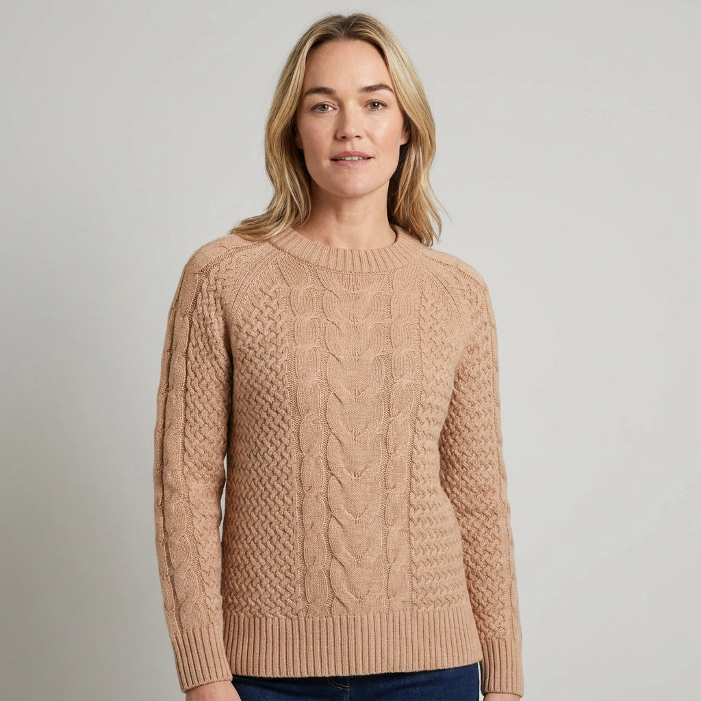 Sweater with Cable Knit in Aran Style with Ribbed Details Light Brown 3