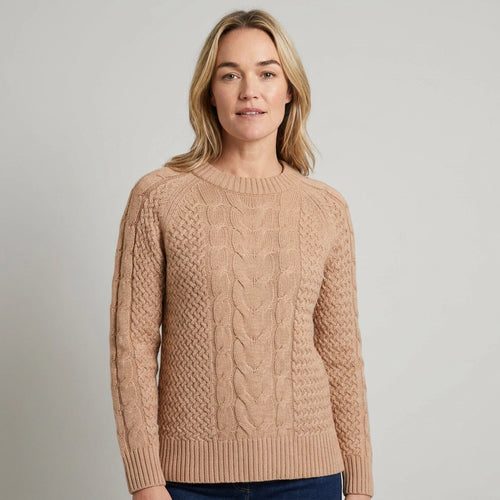 Sweater with Cable Knit in Aran Style with Ribbed Details Light Brown 3