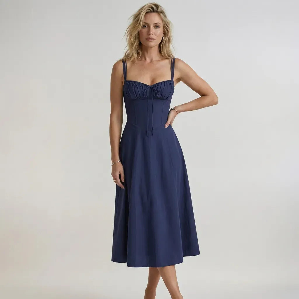 Sweetheart Corset Dress Midi Tie-Front Navy 7