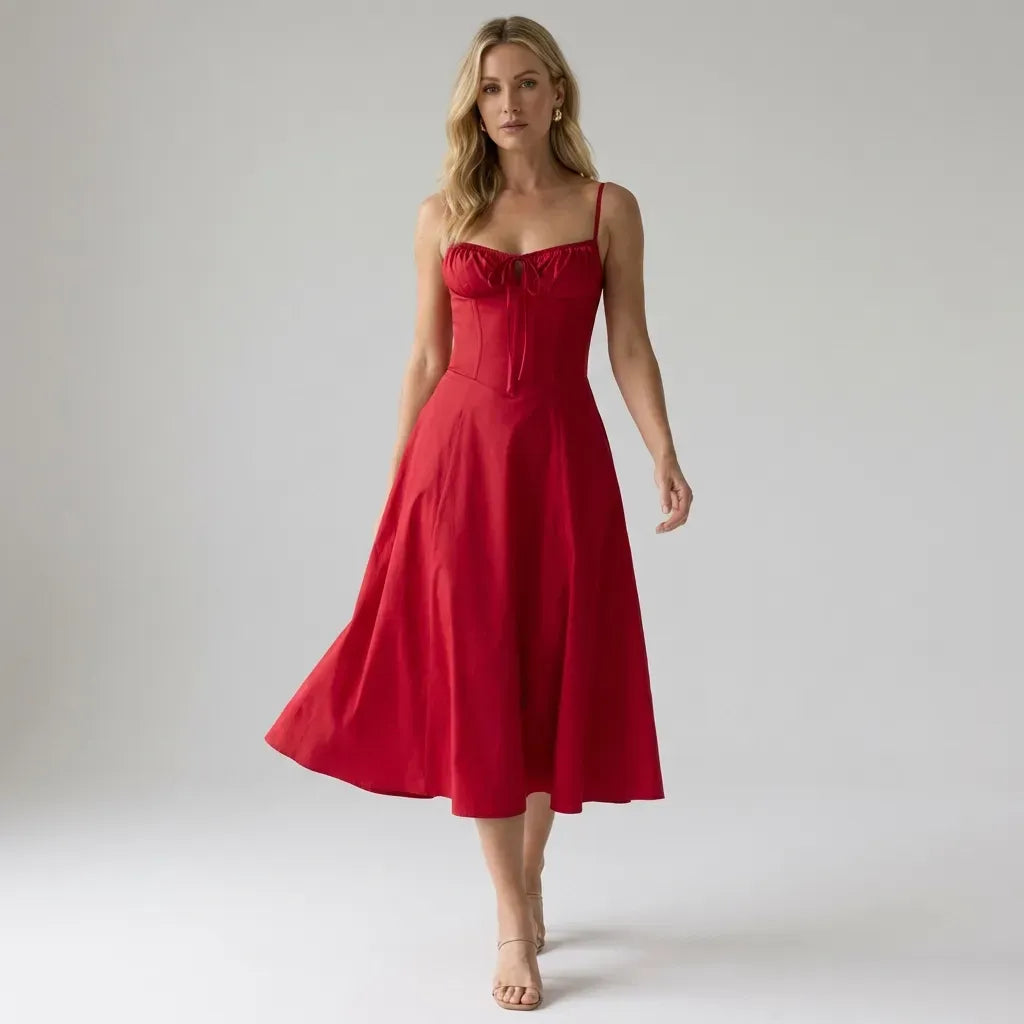 Sweetheart Corset Dress Midi Tie-Front Red 8