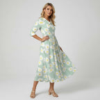 V-Neck Daisy Print Midi Dress With 3/4 Sleeves