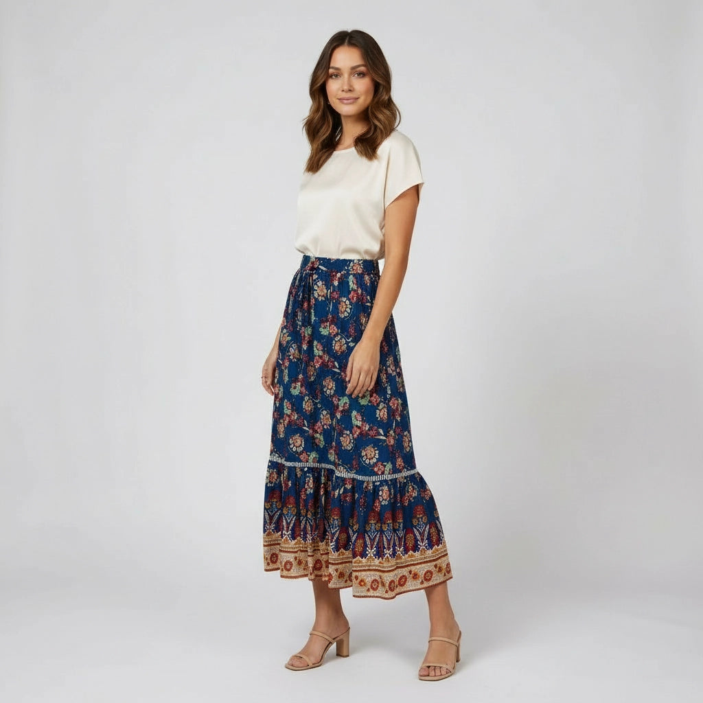 Women’s Boho Floral Tiered Midi Skirt