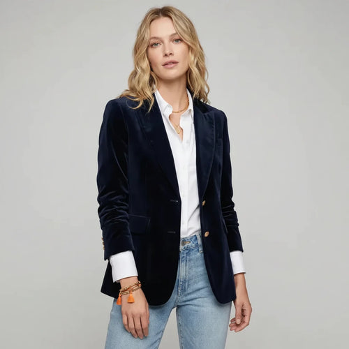 Tailored Single Breasted Velvet Blazer Dark Blue 3