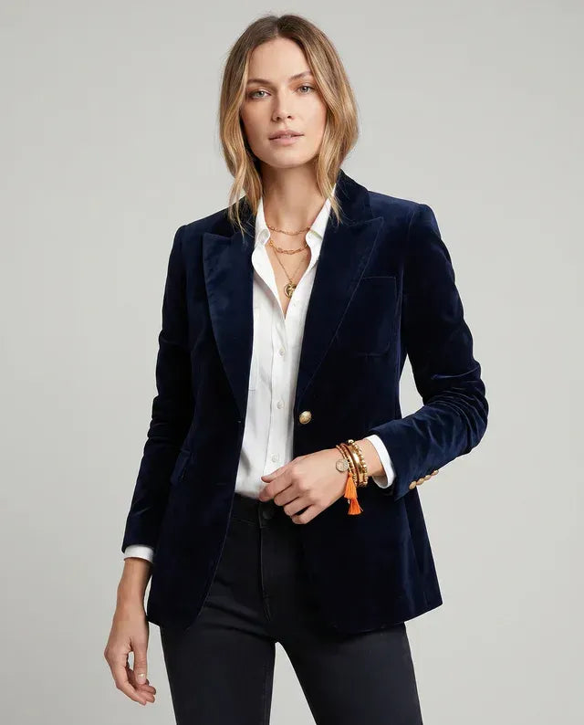 Tailored Single Breasted Velvet Blazer Dark Blue 4