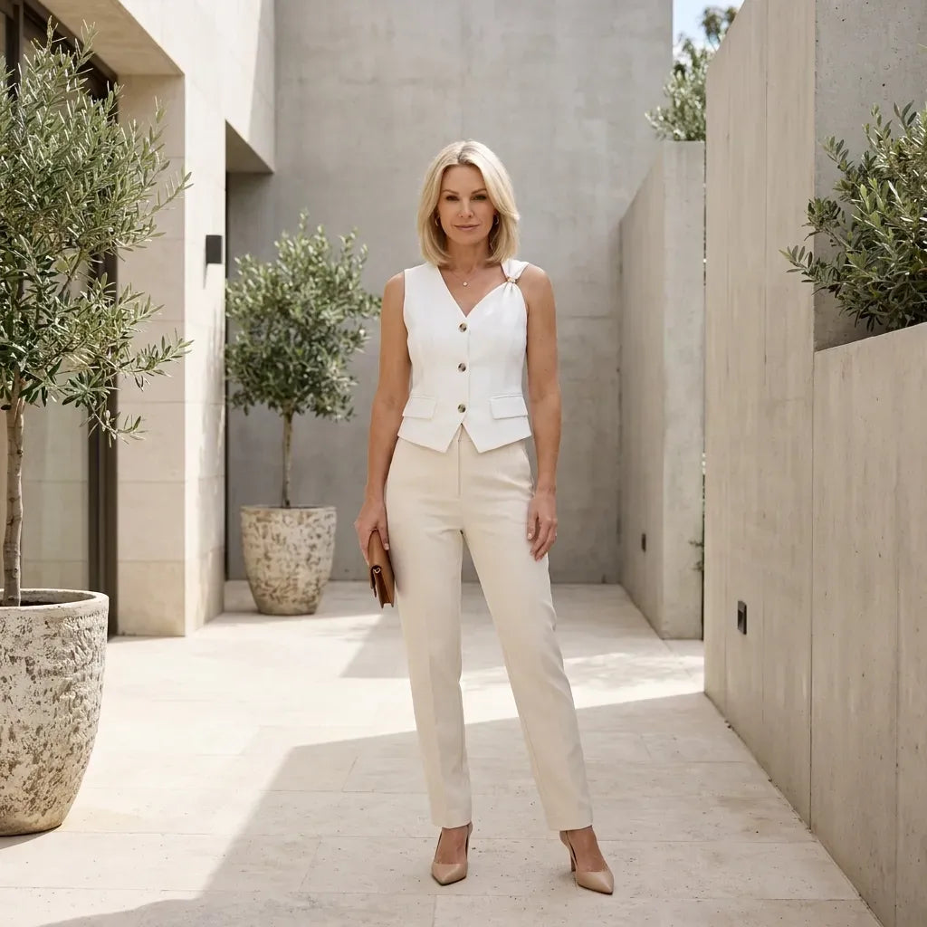 Tailored Waistcoat with Metal Buckle Detail White 1
