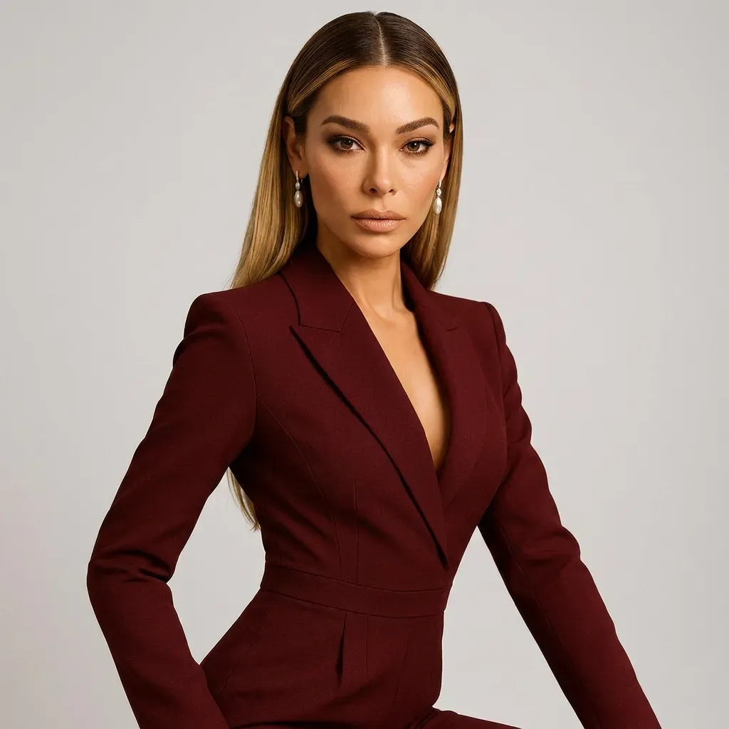Tailored Wrap Jumpsuit Evening Style Dark Red 4