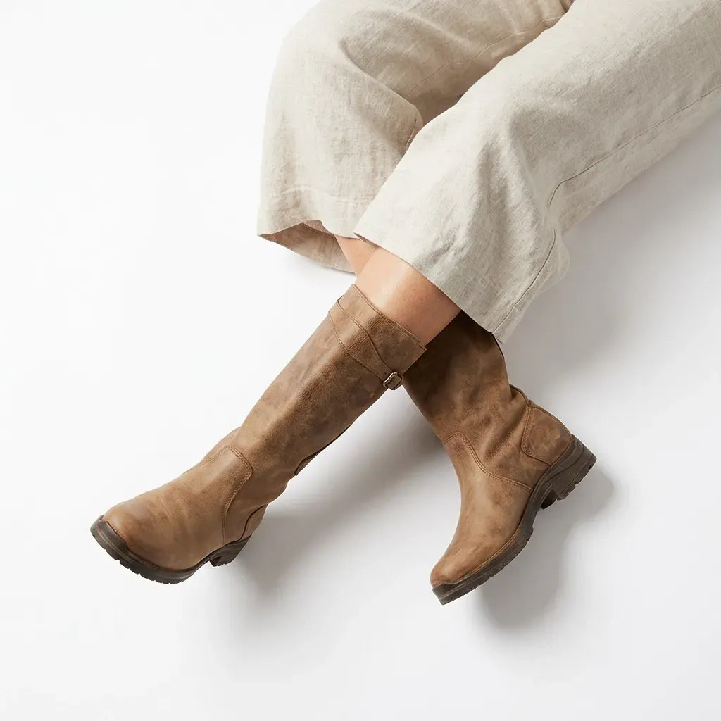 Tall Leather Boots with Buckles Light Brown 6