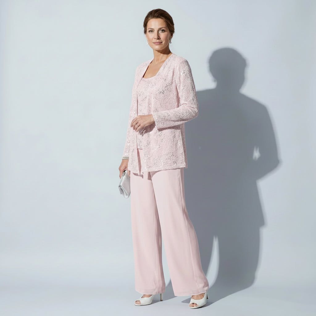 Three-Piece Trouser Suit for Wedding Guests with Wide-Leg Trousers and Sequin Lace in Light Pink – 1