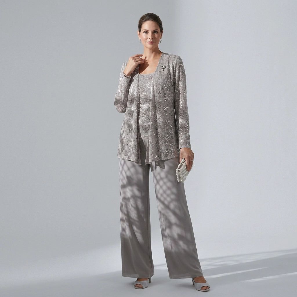 Three-Piece Trouser Suit for Wedding Guests with Wide-Leg Trousers and Sequin Lace in Silver – 10