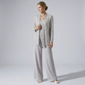 Three-Piece Trouser Suit for Wedding Guests with Wide-Leg Trousers and Sequin Lace in Silver – 11