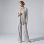 Three-Piece Trouser Suit for Wedding Guests with Wide-Leg Trousers and Sequin Lace in Silver – 11