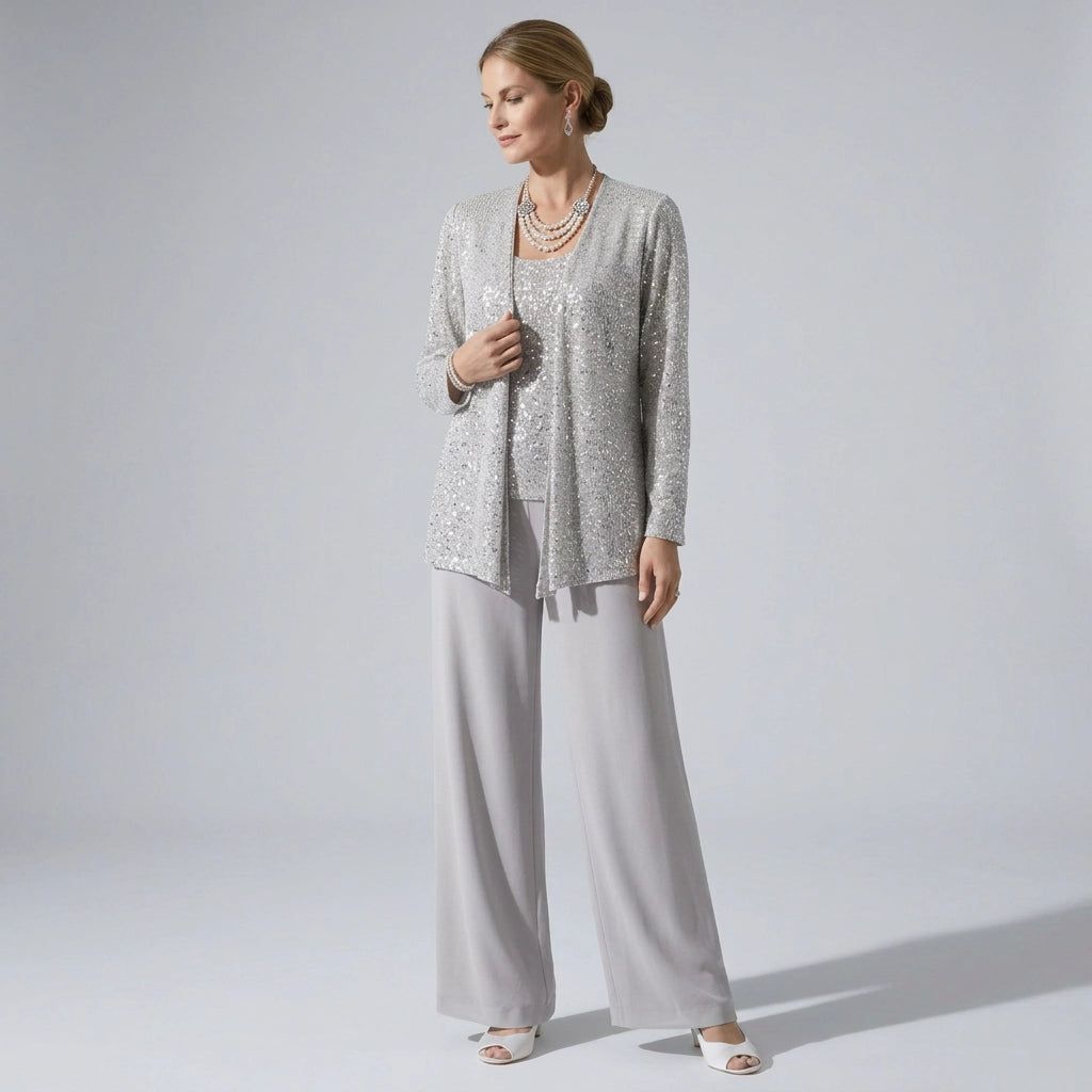 Three-Piece Trouser Suit for Wedding Guests with Wide-Leg Trousers and Sequin Lace in Silver – 11
