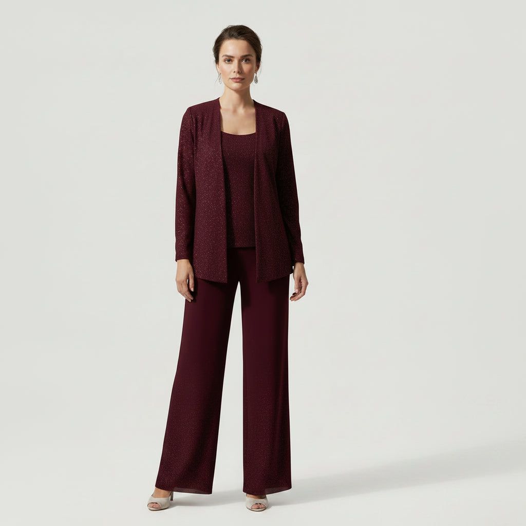 Three-Piece Trouser Suit for Wedding Guests with Wide-Leg Trousers and Sequin Lace in Burgundy – 2
