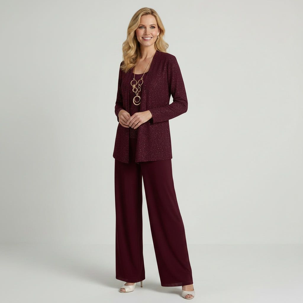 Three-Piece Trouser Suit for Wedding Guests with Wide-Leg Trousers and Sequin Lace in Burgundy – 3