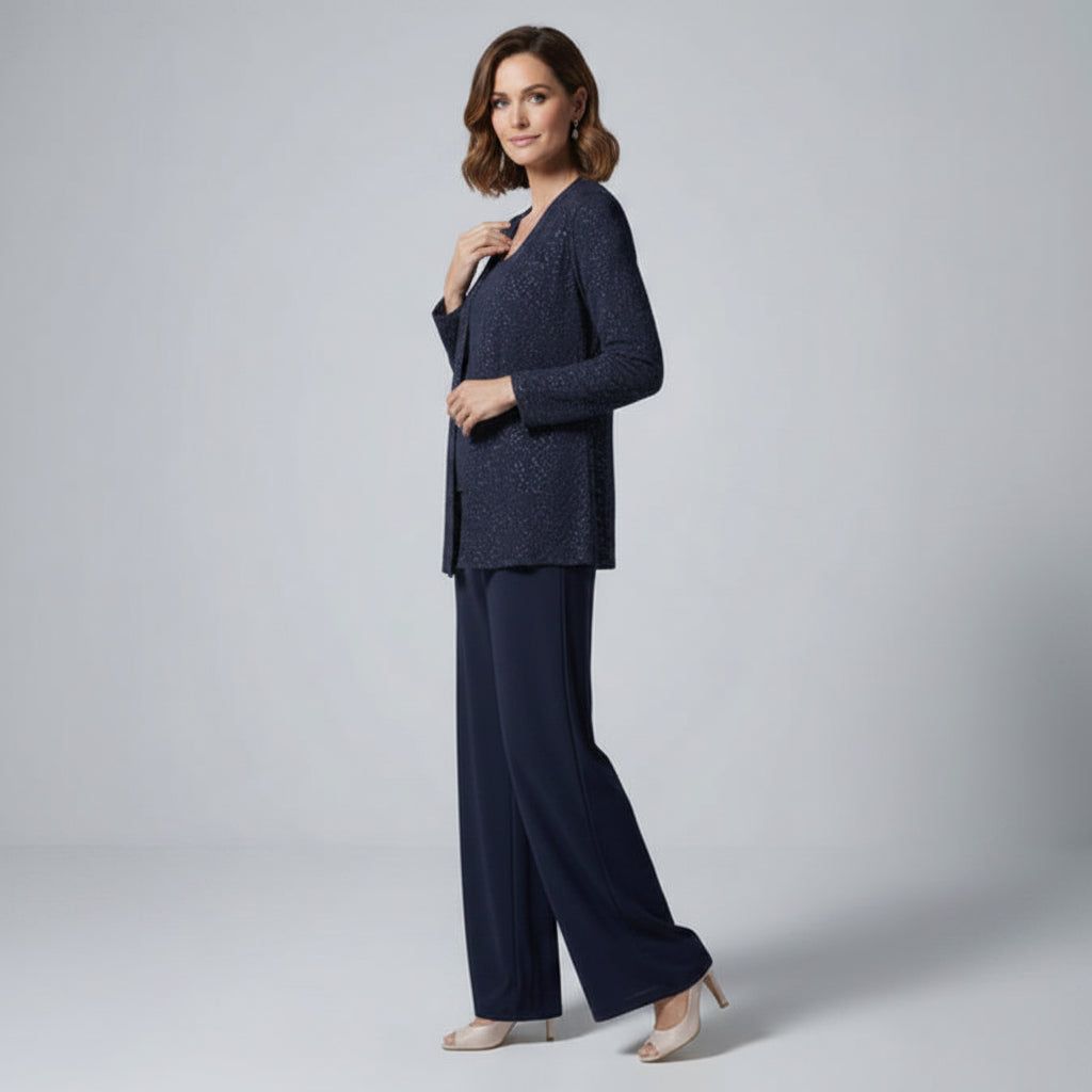 Three-Piece Trouser Suit for Wedding Guests with Wide-Leg Trousers and Sequin Lace in Dark Blue – 4