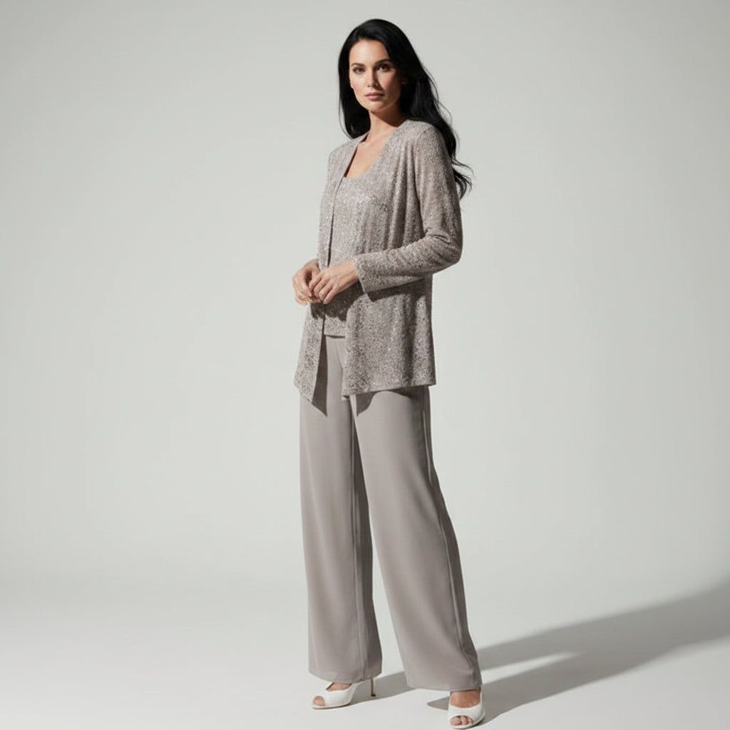 Three-Piece Trouser Suit for Wedding Guests with Wide-Leg Trousers and Sequin Lace in Taupe – 5