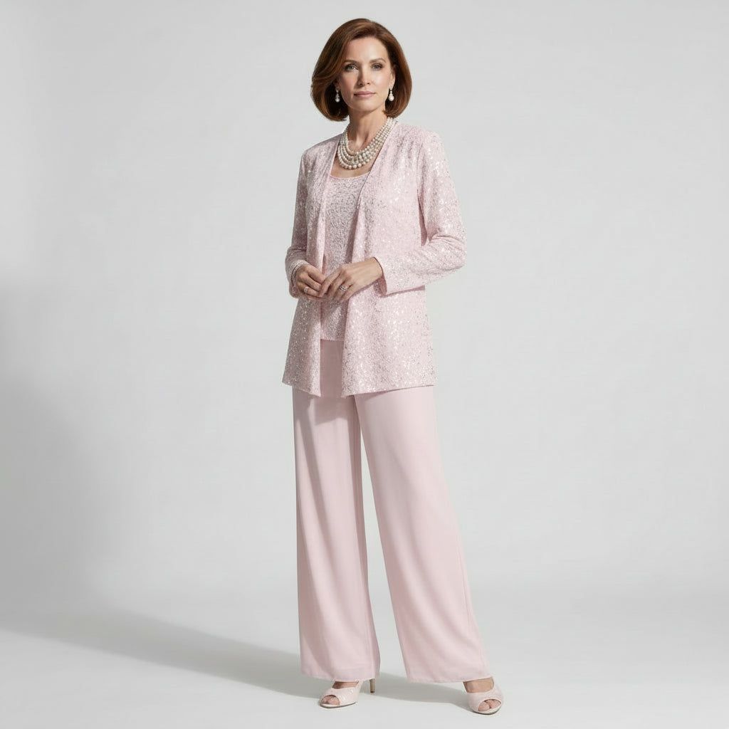 Three-Piece Trouser Suit for Wedding Guests with Wide-Leg Trousers and Sequin Lace in Light Pink – 6