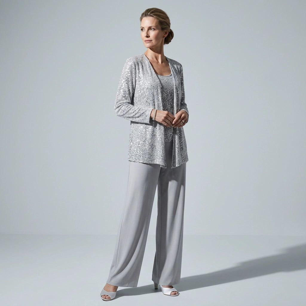 Three-Piece Trouser Suit for Wedding Guests with Wide-Leg Trousers and Sequin Lace in Silver – 7