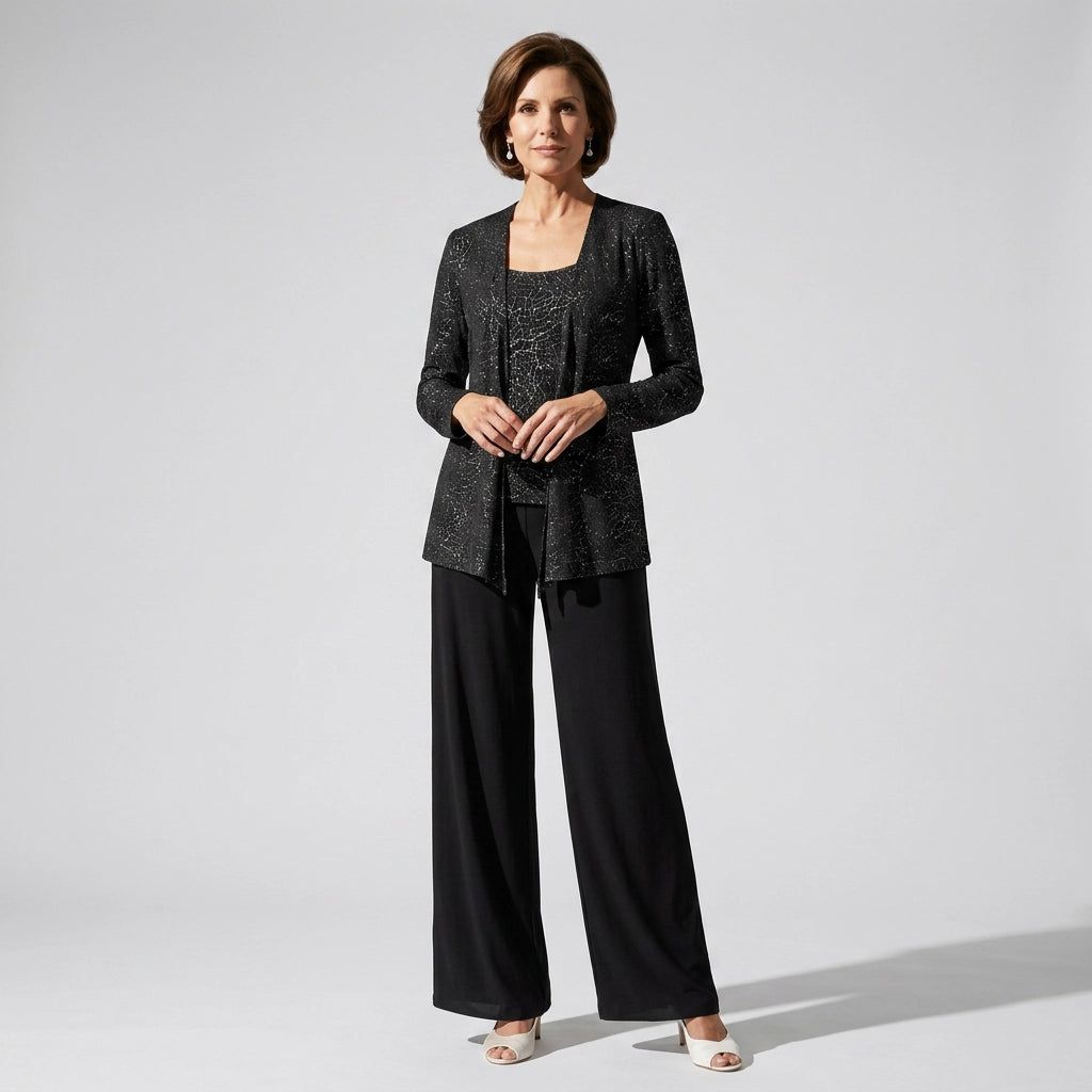 Three-Piece Trouser Suit for Wedding Guests with Wide-Leg Trousers and Sequin Lace in Black – 8