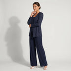 Three-Piece Trouser Suit for Wedding Guests with Wide-Leg Trousers and Sequin Lace in Dark Blue – 9
