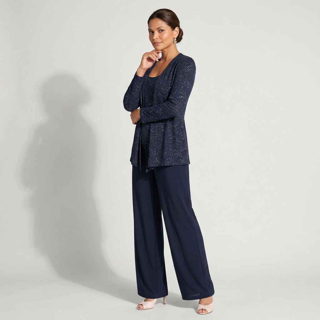 Three-Piece Trouser Suit for Wedding Guests with Wide-Leg Trousers and Sequin Lace in Dark Blue – 9