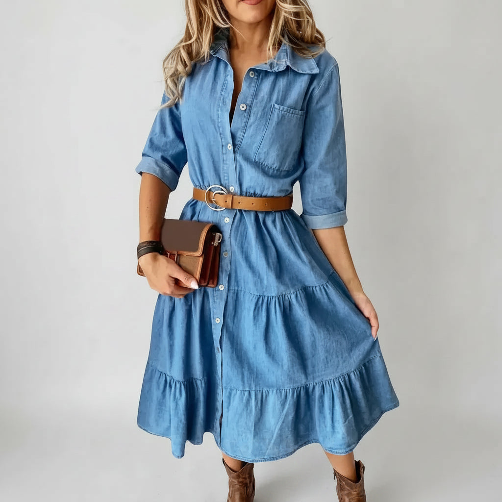 Tiered Chambray Denim Dress Blue 2